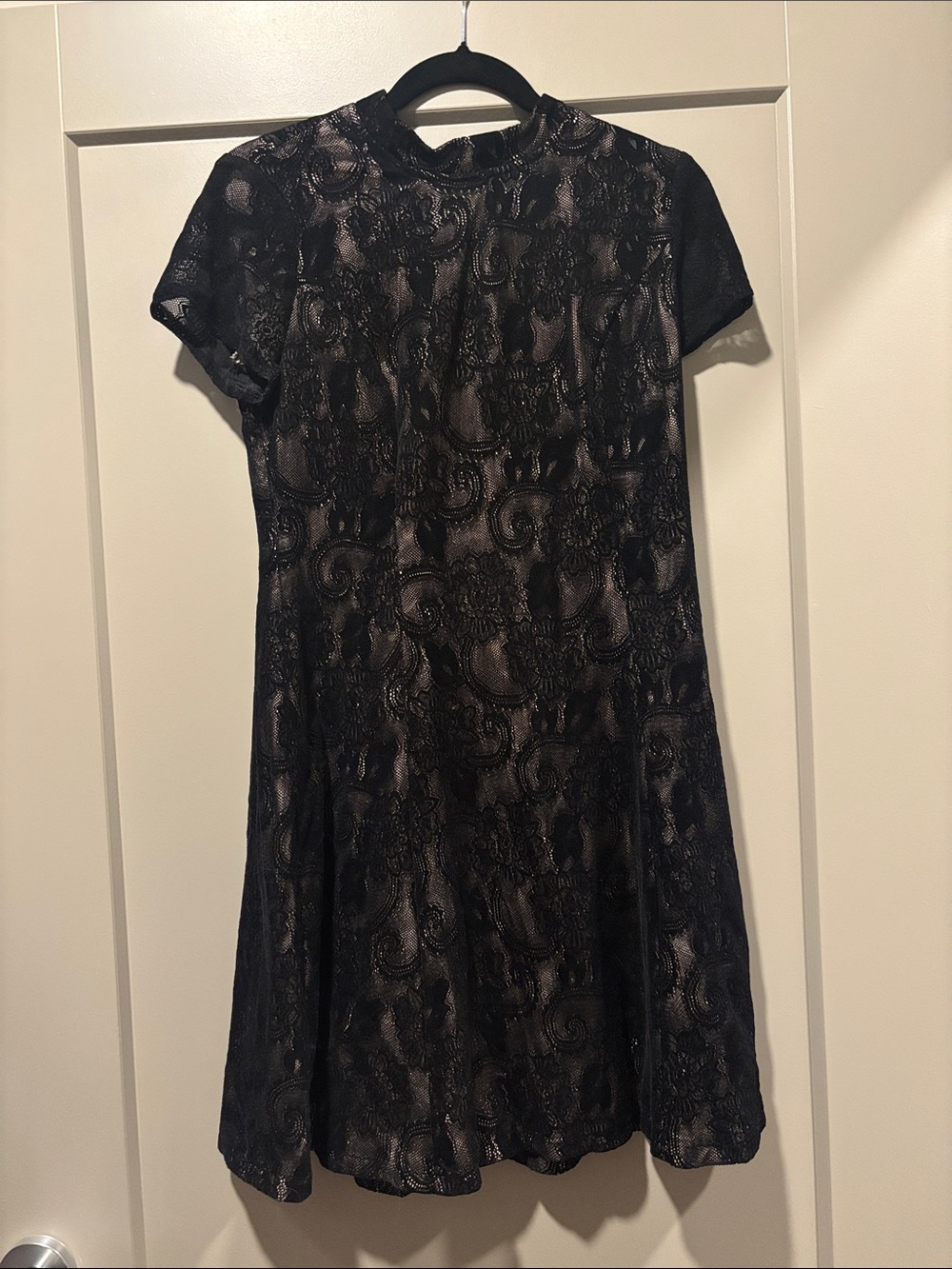 Cynthia Steffe | Black Lace Velvet Overlay Mock Neck Dress- 6